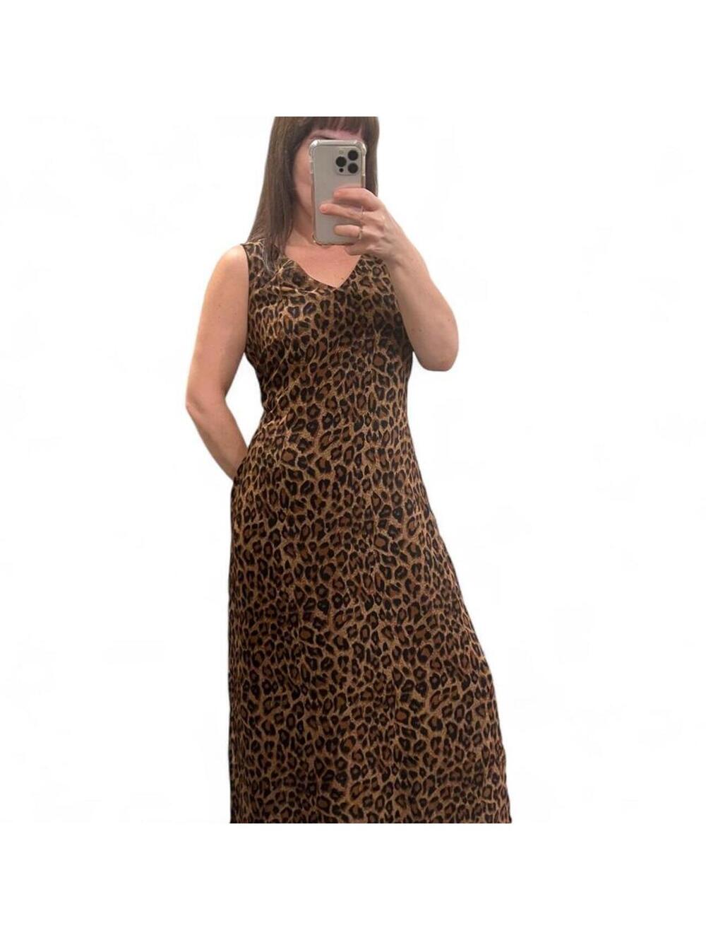 Vintage Leopard Print Maxi Dress Sheer Overlay Sleeveless Dress